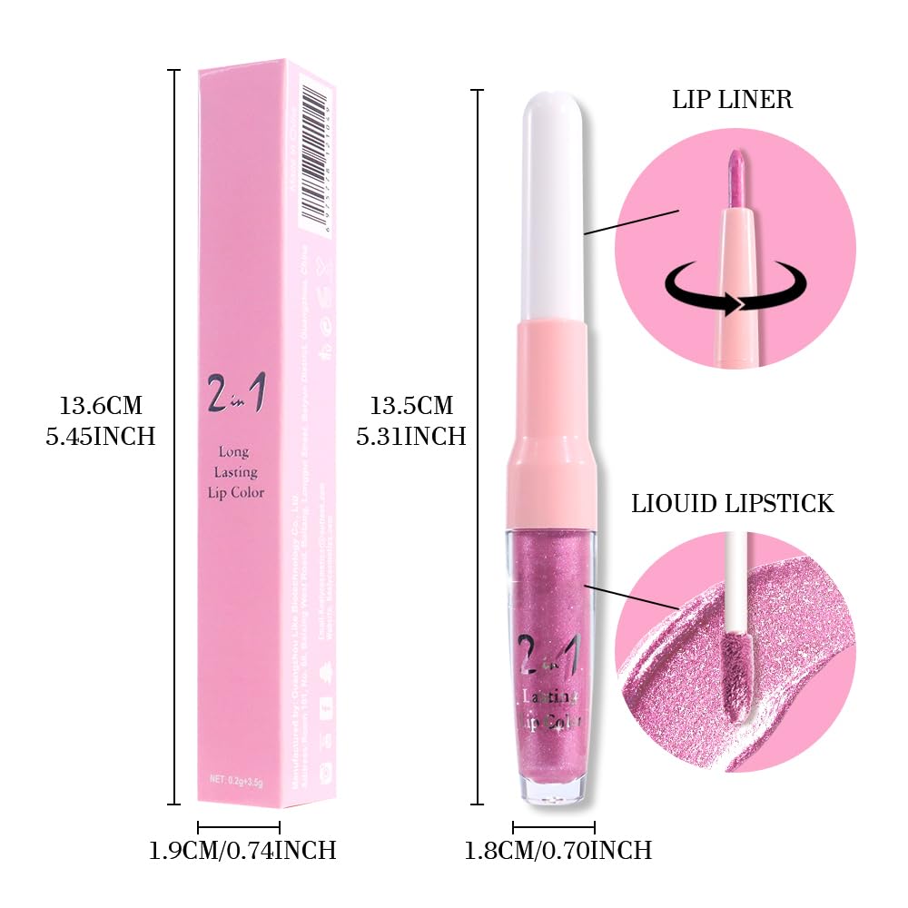evpct Light Rose Pink Metallic Glitter Lip Liner and Lipstick Combo Lip Gloss Stain Set Makeup for Women Long Lasting Waterproof 24, Pink Metallic Shimmer Frosted Iridescent Shiny Liquid Lipstick 10