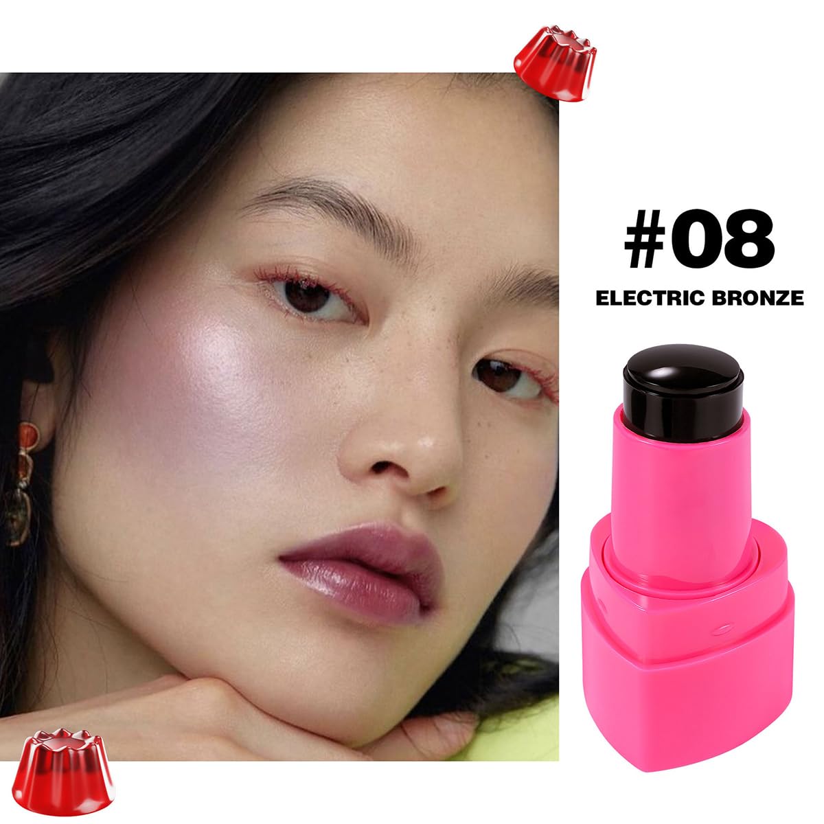 Cooling Water Jelly Tint Stick，Multi-Use Juicy Love Blush, 3-In-1cheek Blush & Eyeshadow & Lip Tinted Long-Lasting Moisture Stick，Bouncy Jelly Texture，Creates A Moist Watercolor Effect (#08, 0.32oz)