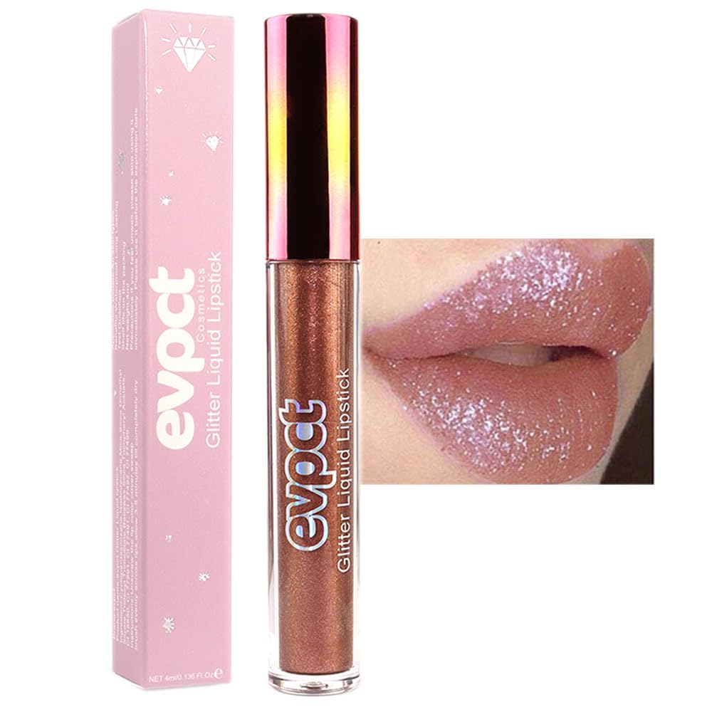 evpct 1Pcs Nude Gold Glitter Metallic Shimmer Diamond Lipstick Lip Gloss Stain Set for Women Long Lasting Waterproof, Nude Brown Sparkle Glitter Matte long Wear Liquid Lipstick Lip Makeup Kit, 14#