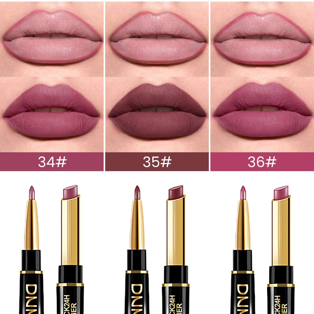 evpct 3Pcs Rose Chocolate Burgundy Red Matte Lip Liner and Lipstick Combo Set Kit for Women, Lipstick Red Magic 24 Hours Lip Liner Gloss Makeup Set Long Lasting Waterproof 24 labial, 34# 35# 36#
