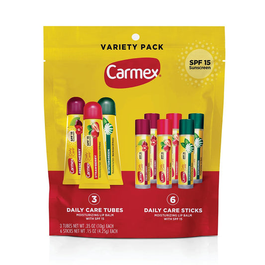 Carmex Daily Care Moisturizing Lip Balm Pack, SPF 15, Multi-Flavor Lip Care Variety Pack Bag, 9 Count (3 Tubes, 6 Sticks)