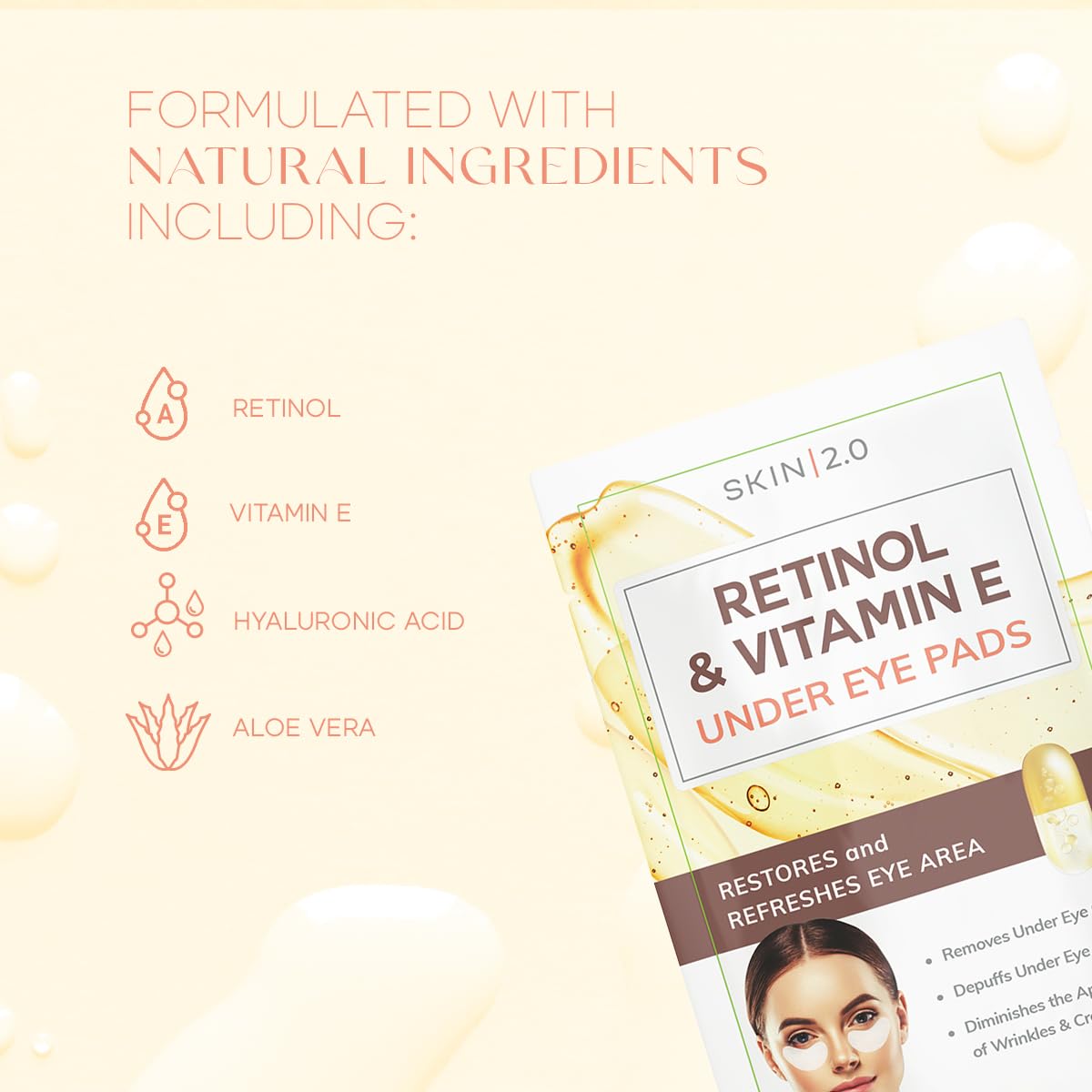 Retinol and Vitamin E Under Eye Patches - Reduce Wrinkles & Fine Lines, Dark Circles, Eye Bags, Depuffing Under Eye Pads - Cruelty Free Korean Skin Care For All Skin Types - 15 Pairs