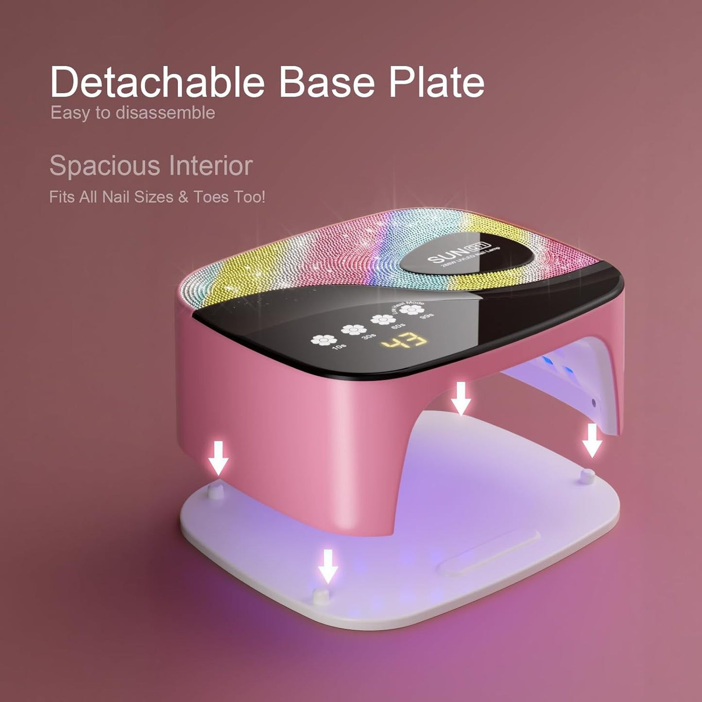 SUNX11 Rhinestone uv Nail Lamp - LED UV Gel Nail Dryer with Rainbow Crystal Design, 3-Second Quick Dry, Touch Screen, Detachable Base, 4 Timer Settings, for Fingernails & Toenails