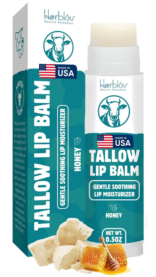 Beef Tallow Lip Balm – Natural Tallow Beeswax Chapstick – Hydrating Moisturizer Grass Fed Bison Tallow Balm Lip Care – Soothes Chapped, Dry Lips, Sensitive Skin – Long Lasting & Vitamin Rich USA-Made