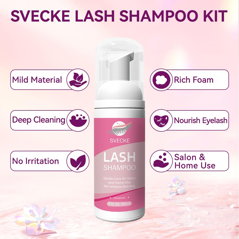 Lash Shampoo Kit, 2 fl.oz / 60ml Eyelash Cleanser, Eyelash Shampoo for Lash Extensions, Lash Cleaning Kit with Lash Fan Dryer, Eyelash Remover for Salon and Home Use