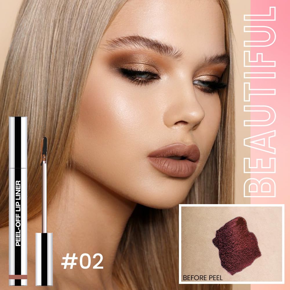 Matte Liquid Lip Stain Peel Off Lip Liner Tattoo - Brown, Waterproof Smudge-Proof Lip Gloss, Long-Lasting Non-Stick Cup Formula, Natural Peel Off Design for All Skin Types #02