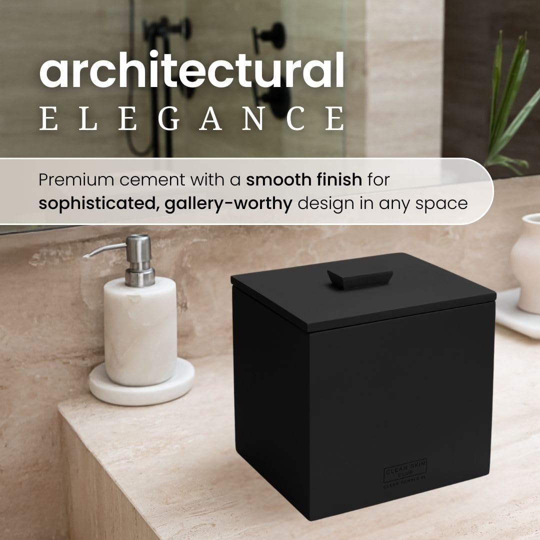 CLEAN SKIN CLUB Cement Box for 50 Disposable Clean Towels XL (Towels NOT Included), Concrete Container for Face Towelettes Bathroom Counter Storage, Cleansing Facial Dry Wipes - Matte Onyx
