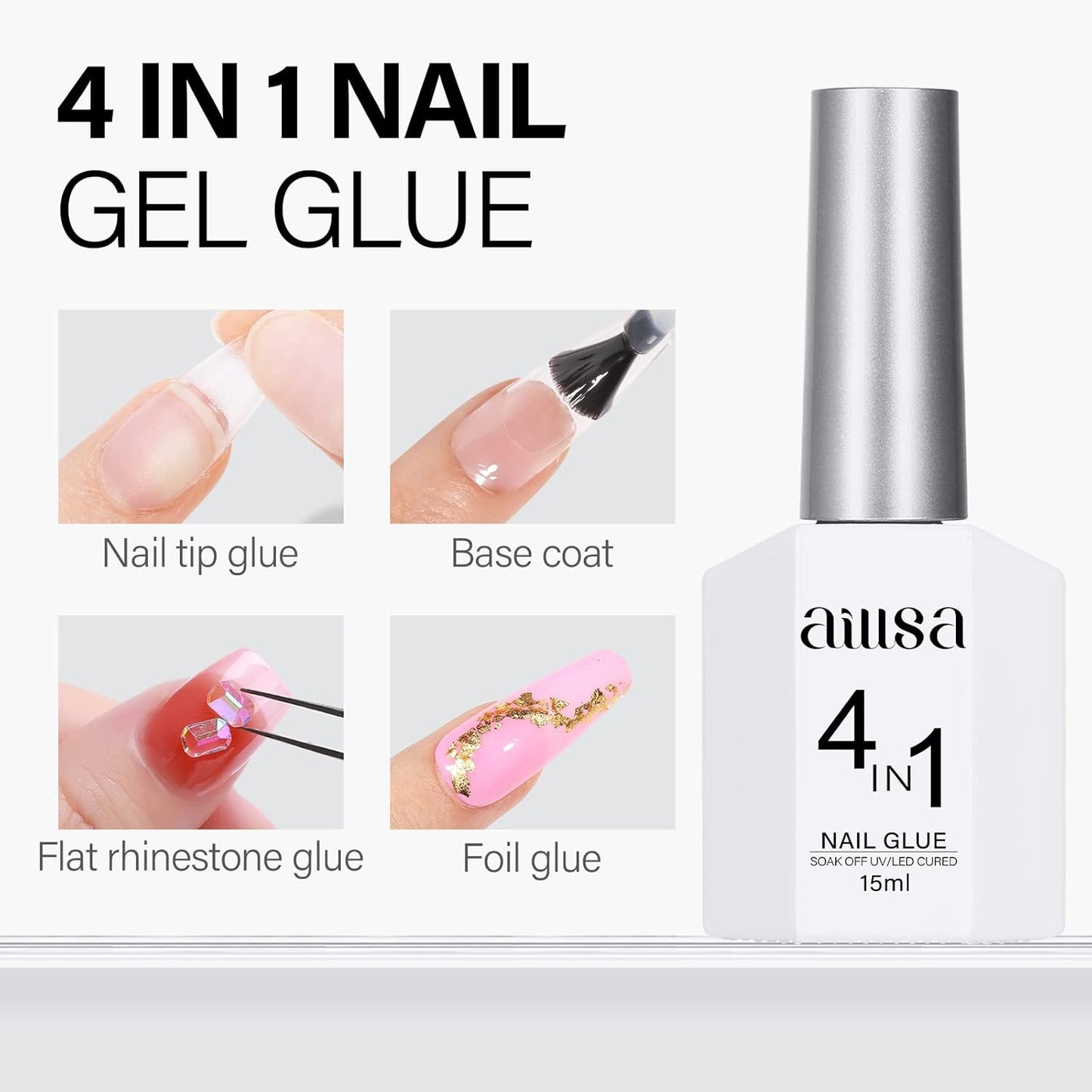 AILLSA Gel Nail Glue for Acrylic Nails, 4 in 1 Super Strong Nails Gel Glue for Fake Nail Tips,15ML High Capacity Long Lasting Brush On Nail Glues for Rhinestone Pearl Foil, (U V Lamp Curing Needed)