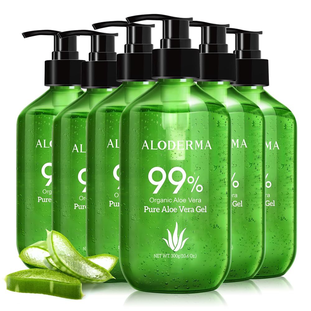 Aloderma 99% Organic Aloe Vera Gel Made within 12 Hours of Harvest - Pump Bottle - Lightweight Aloe Gel for Face and Body, Soothing and Hydrating Sunburn Relief, Great for Scalp & Hair - 6 x 10.6oz