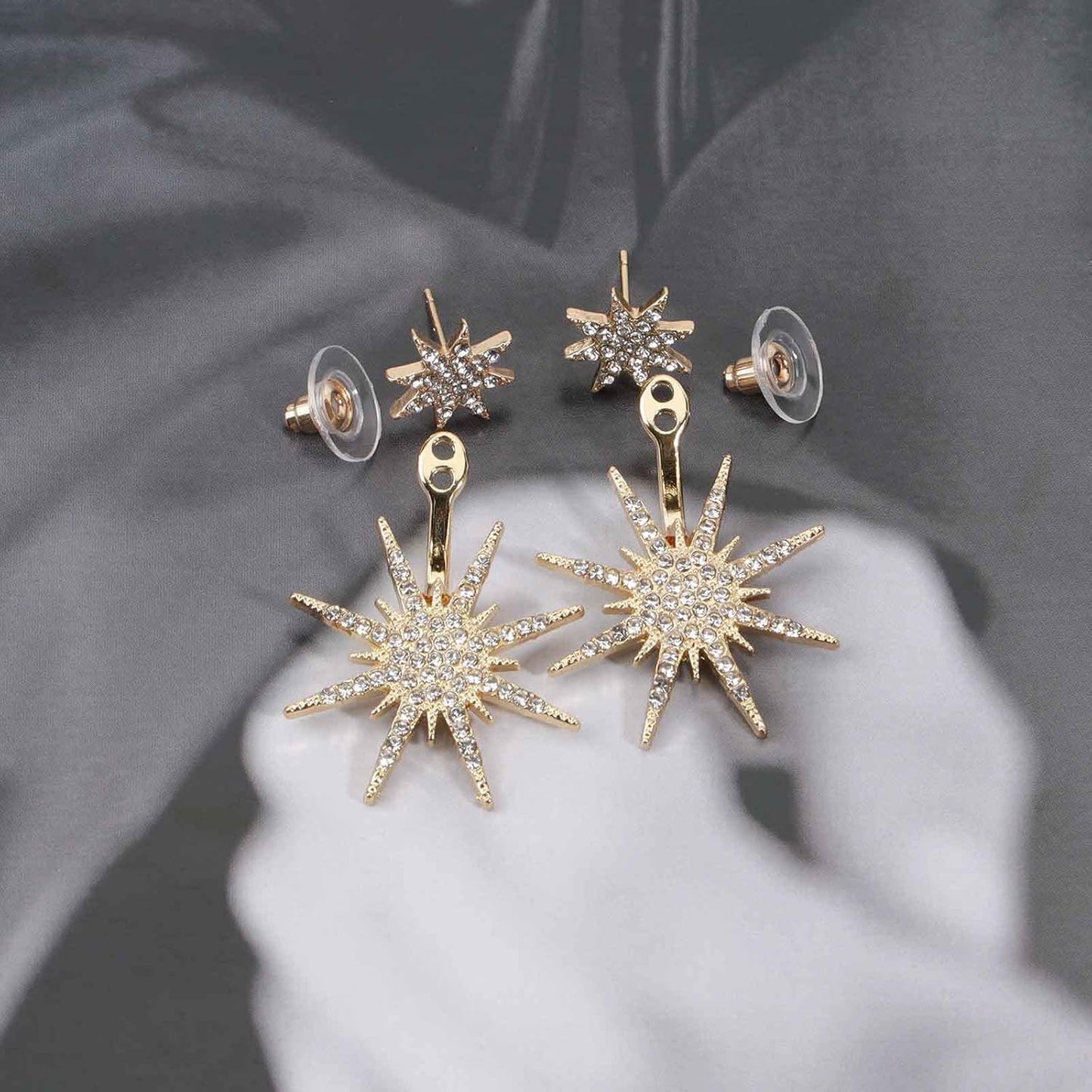 Starburst Jacket Earrings Gold Rhinestone Sun Earrings Front Back Studs Earrings Boho Celestial Earrings Jewelry for Women and Girls Gifts