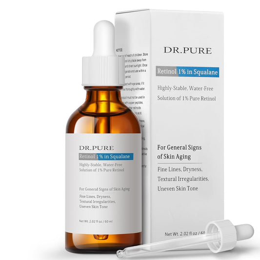 Dr. Pure Retinol 1% in Squalane: Hydrating Even Skin Texture and Tone - Anti-Aging Soothing Fine Lines Night Serum 2 Fl Oz