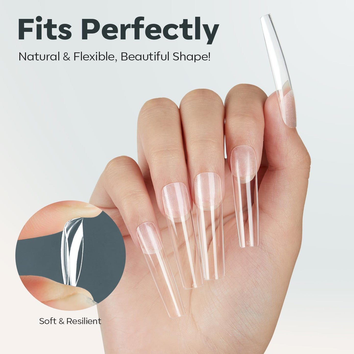 modelones XXL Long Square Nail Tips, Pre-shaped Soft Gel Tips Fake Nails False Acrylic Clear Full Cover Press on Extension Kit Gel Manicure DIY at Home 216PCS 12Sizes