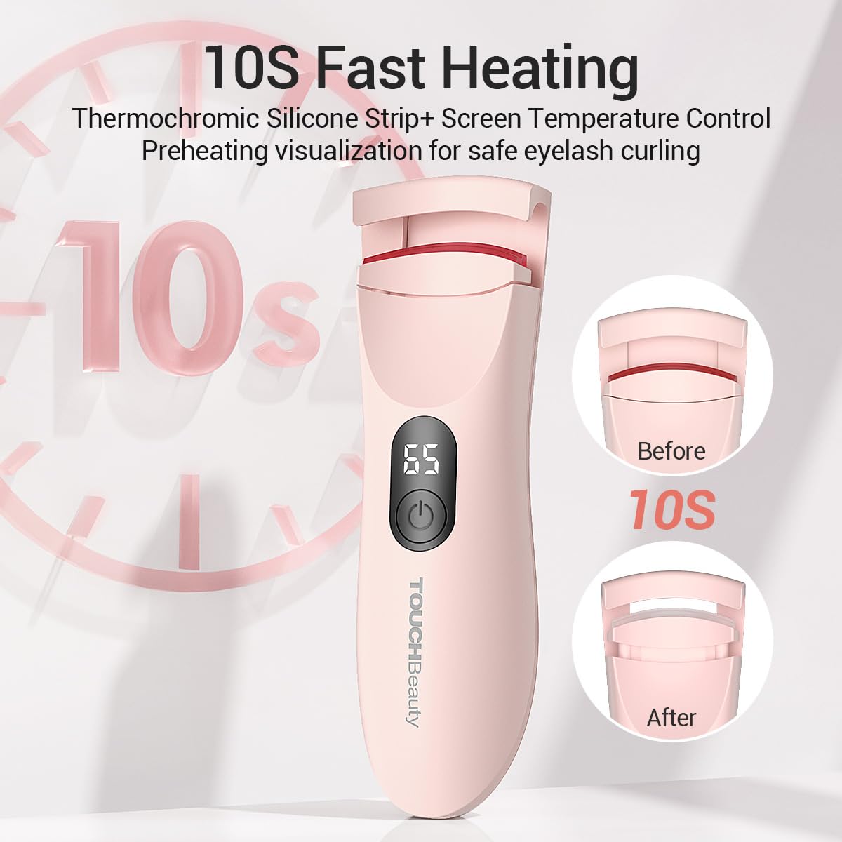 TOUCHBeauty Rechargeable Heated Eyelash Curler with LED Display, Featuring 3-Level Adjustable Temperature for a Natural, Long-Lasting Curl (Up to 24 Hours) AG-2316-Pink