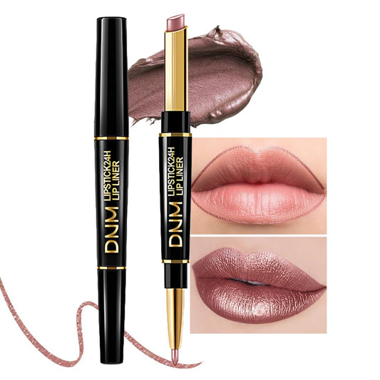 evpct 1Pcs Nude Brown Metallic Shine Shimmer Lip Liner and Lipstick Combo Set Kit for Women, Lightweight Hydrating Formula High Impact Full Coverage Lipstick and Lip Liner Makeup Gloss, 18#