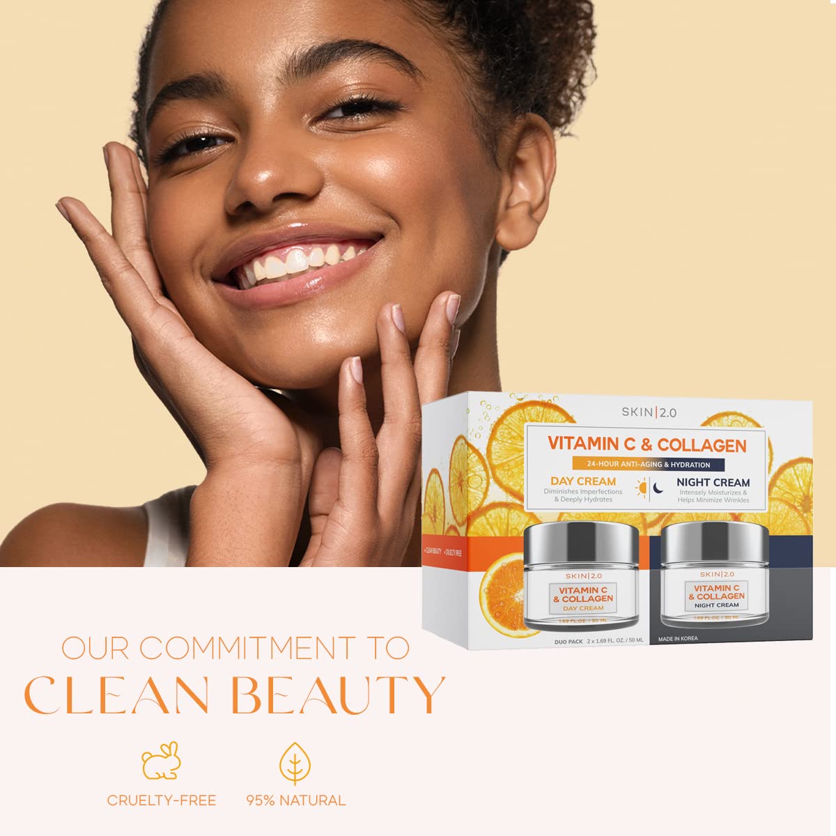 Vitamin C & Collagen Day & Night Face Moisturizer Cream - Dermatologist Tested, Brightening, Anti-Aging, Clean Beauty, Cruelty-Free Korean Skincare for All Skin Types - 1.69 oz (2-Pack)