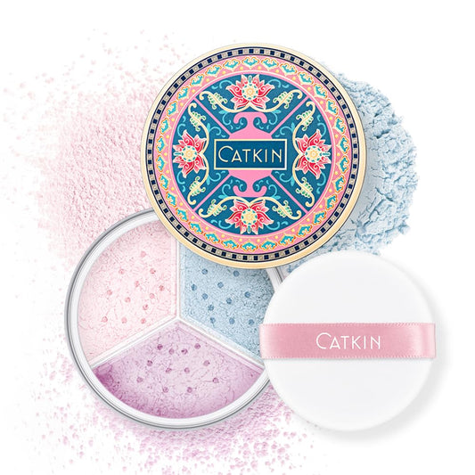 CATKIN Poreless Finish Loose Setting Powder Makeup, Translucent Natural Shimmer Finishing Makeup for All Skin Tones, 3 Colors Even Skin Tone – 0.42 oz Includes Velour Puff