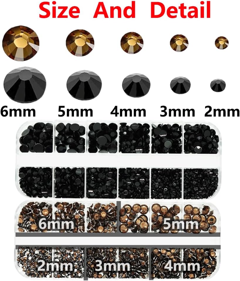 Black and Brown Rhinestones with Glue(S8-S30) for Bedazzling,2mm-6mm Non-Hotfix Flatback Nail Gems Beads with B7000, Resin Nail GemsStones Diamond Kit for Bedazzle Crafting, Nails DIY Art Decoration