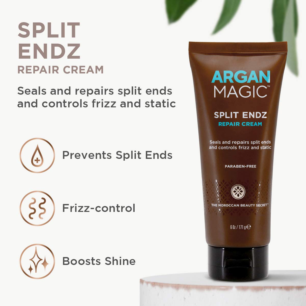 Argan Magic Split Endz Cream - Instantly Binds Frayed and Separated Ends While Preventing Future Breakage | Controls Frizz | Made in USA, Paraben Free, Cruelty Free (6 oz)
