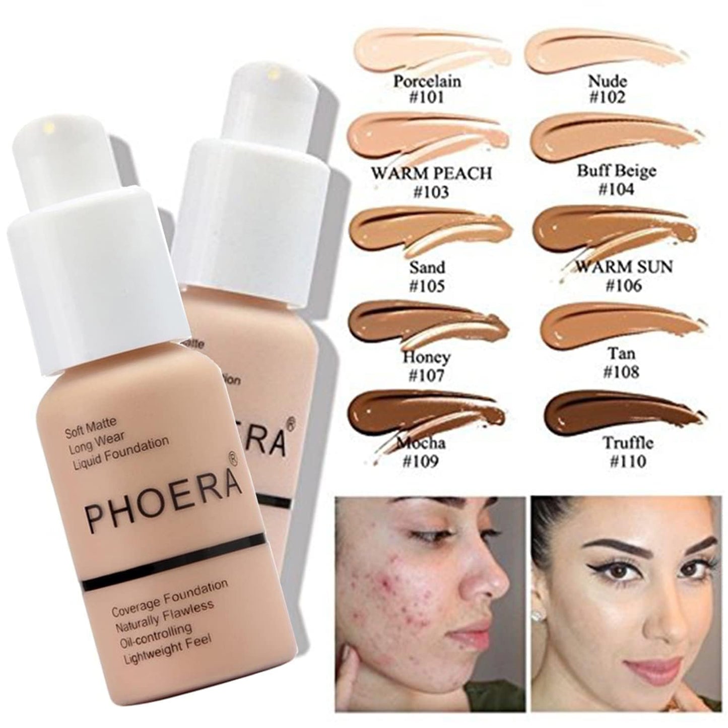 PHOERA Foundation, PHOERA Matte Liquid Foundation,PHOERA Makeup for Women, PHOERA Foundation Full Coverage Concealer, 30ml 24HR Matte Oil Control Concealer (106 - Warm Sun*2)