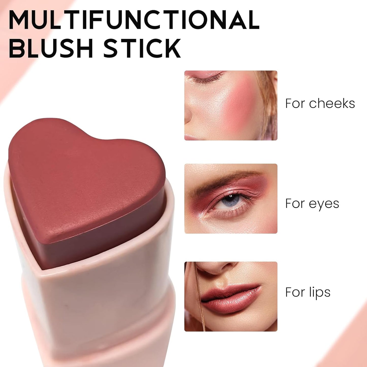 Blush Stick for Cheeks, Cream Blush with Heart-shaped, Blush Face Stick Multi-Use Lip and Cheek Tint, Waterproof Lightweight Easy to Blend Cream Blusher Makeup - Rose