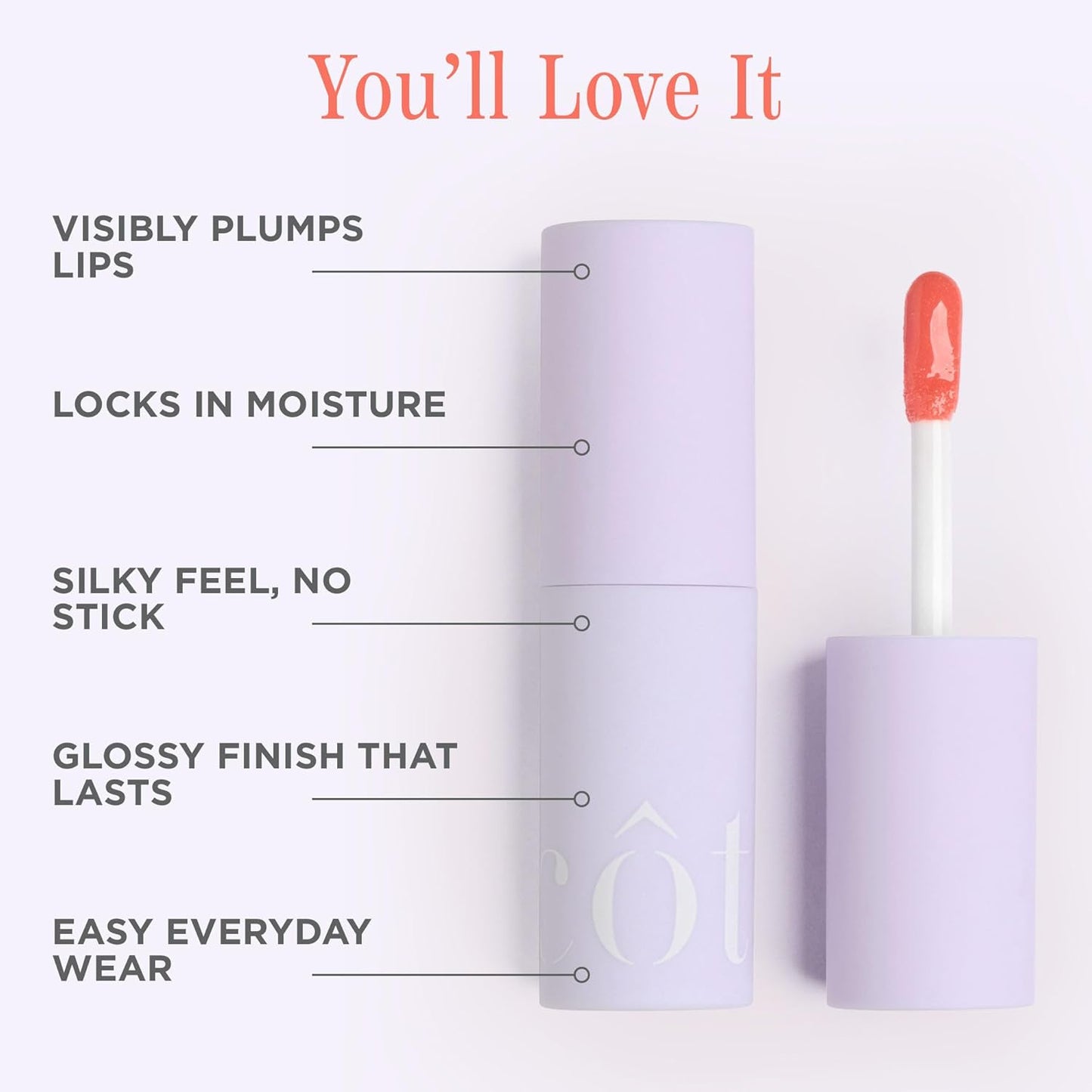 Côte Beauty's Peptide Lip Shine in Branson, Ultra Hydrating & Long-Lasting Coral Plumping Lip Gloss for Women with Hyaluronic Acid, Shea Butter & Jojoba Oil, Vegan & Cruelty-Free, 0.12 Fl Oz