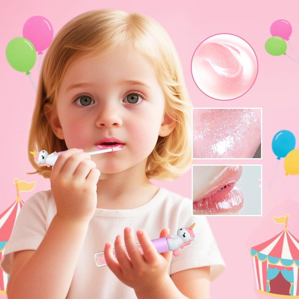 M&U MAKE YOU UP 4pc Unicorn Lip Gloss Stick for Girls- Party Favors Glossy Lip Set with Magic Topper, Girls Birthday Gift, Princess Theme Gift (4 Pack) - Non Toxic