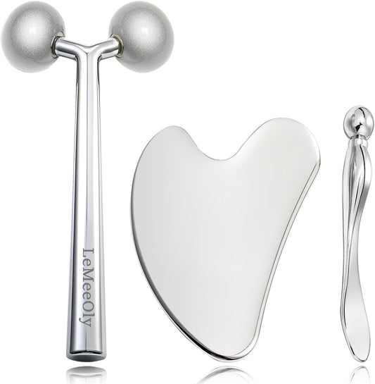 Gua Sha Facial Tools Stainless Steel & Face Roller Massager Skin, Facial Massage Skin Care for Face Neck Body, Reduce Puffiness Remove Wrinkles, Valentines Gift for Women