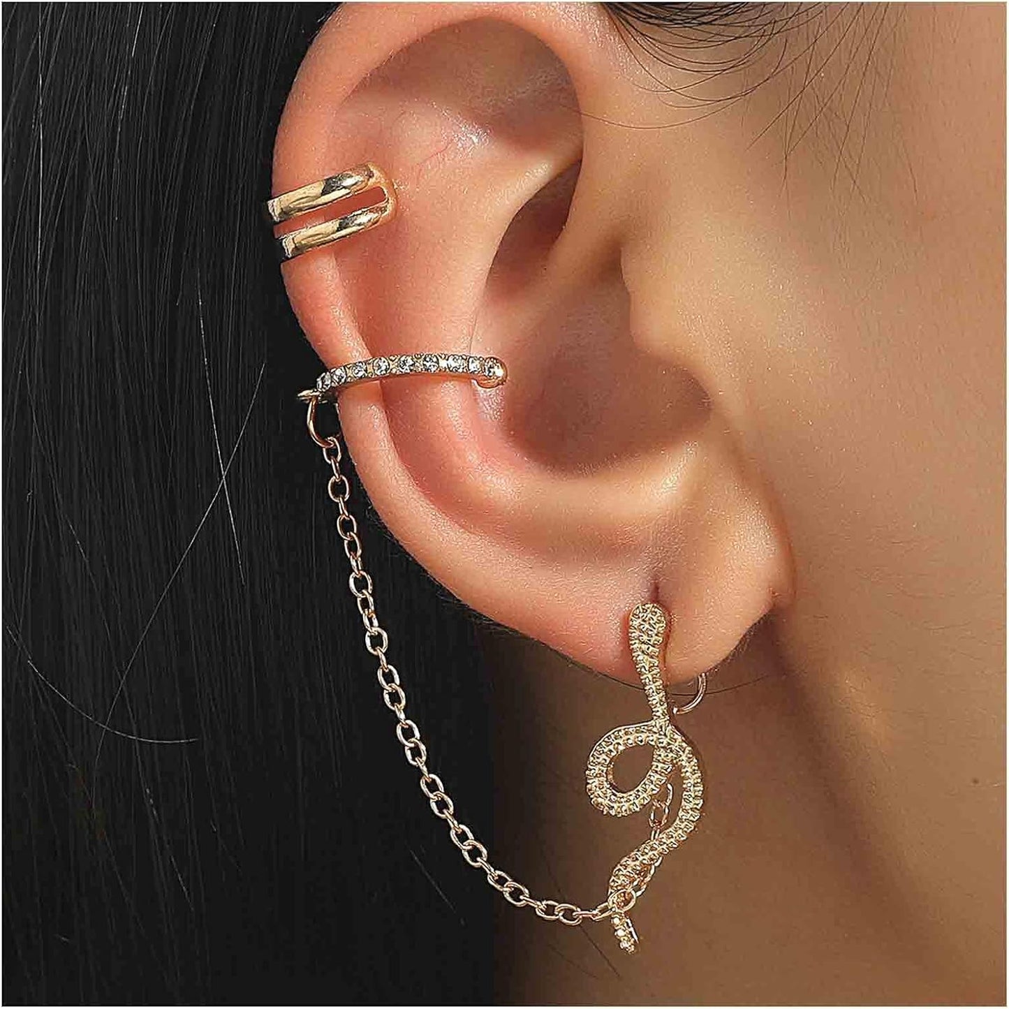 Punk Snake Cuff Chain Earrings Gold Serpent Cartilage Earrings Snake Ear Wrap Earrings Gothic Snake Helix Chain Earrings Gold Long Chain Earrings Jewelry for Women and Girls