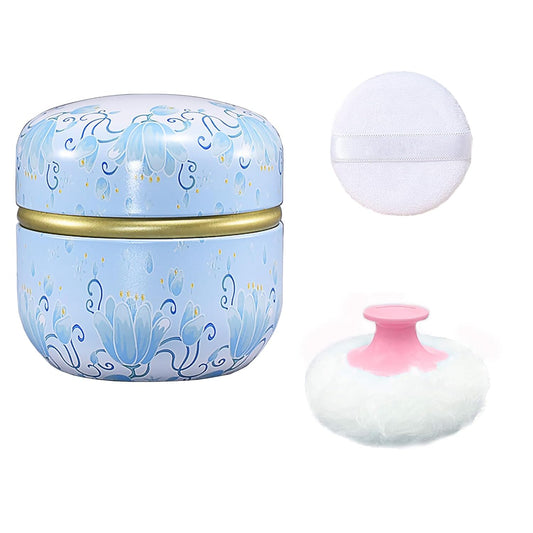 Body Powder Puff and Container for Dusting Powder, Women Powder Puff and Powder Case for Bath and Travel (Light Blue)