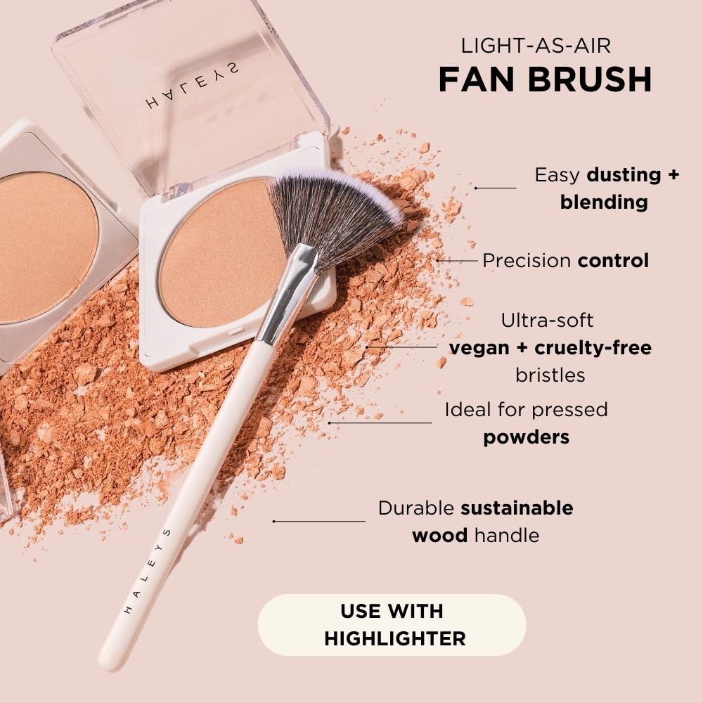 HALEYS Fan Brush VEGAN+CRUELTY-FREE, Sustainable Wood, Vegan Bristles for Airbrushed Finish, For highlighter application, Streak-free, Perfect Blending, Blurs, Smooths with Control