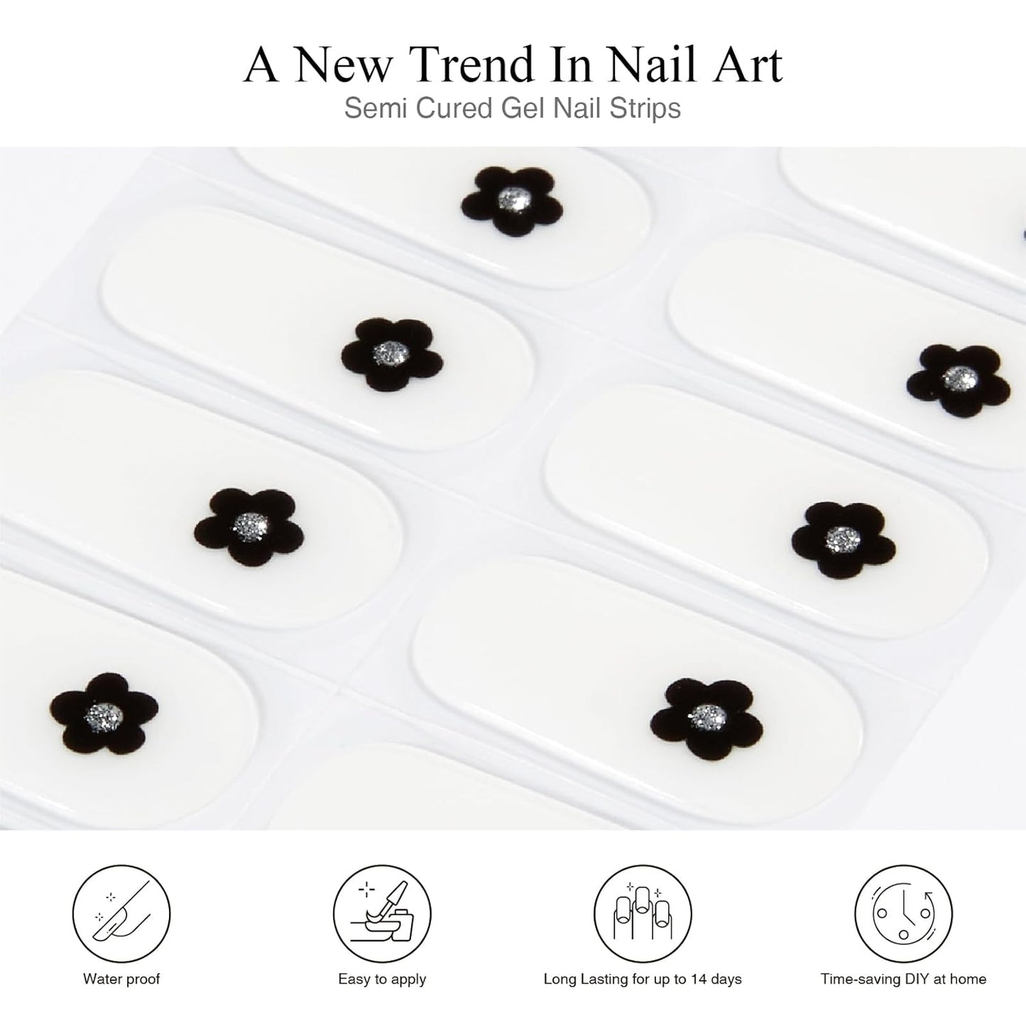 Semi Cured Gel Nail Strips, 20 PCS Gel Nail Stickers Work with UV Light, Gel Nail Wraps, Salon Quality & Easy to Use - Midnight Floral