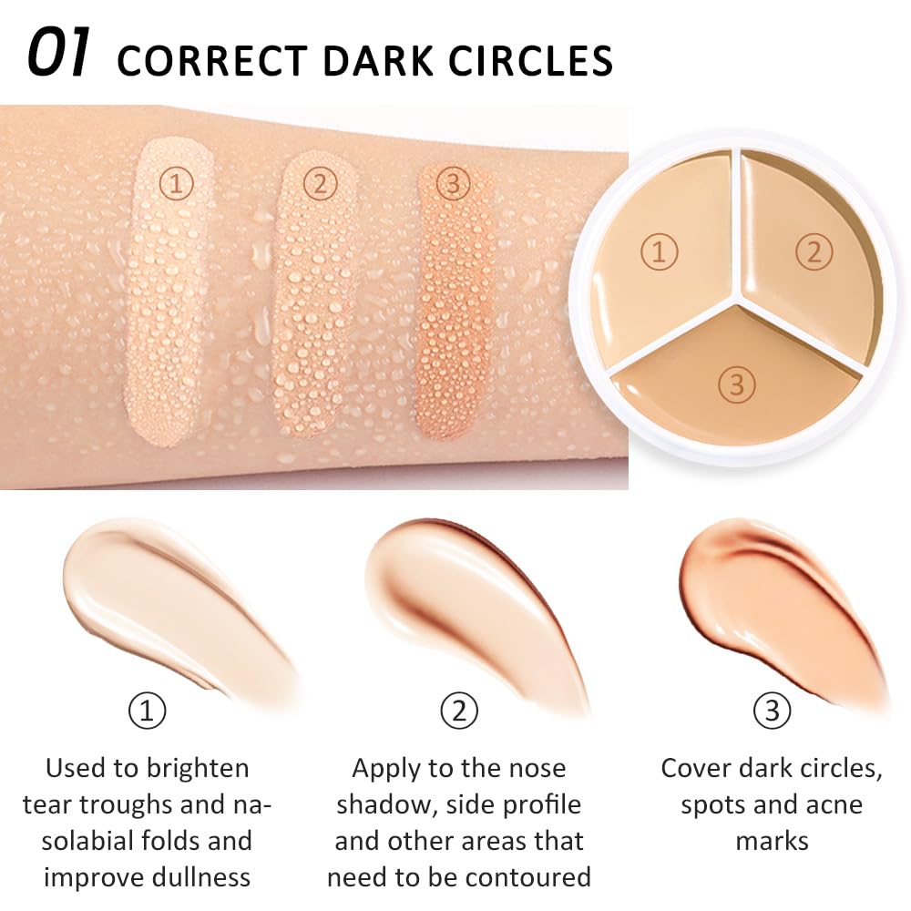 Kaely Tri Color Concealer Pot,Color Correcting Concealer for Dark Circles Spots,3 Color Cream Concealer Full Coverage,Foundation Contour Makeup Palettes,under Eye Brightener corrector de ojeras,01