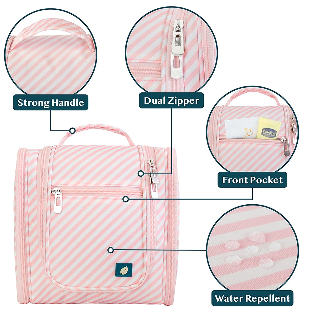 PAVILIA Toiletry Bag Travel Bag for Women Men, Hanging Cosmetic Organizer, Water Resistant Makeup Bag for Accessories Toiletries, Large Travel Essentials Kit (Pink Stripe)