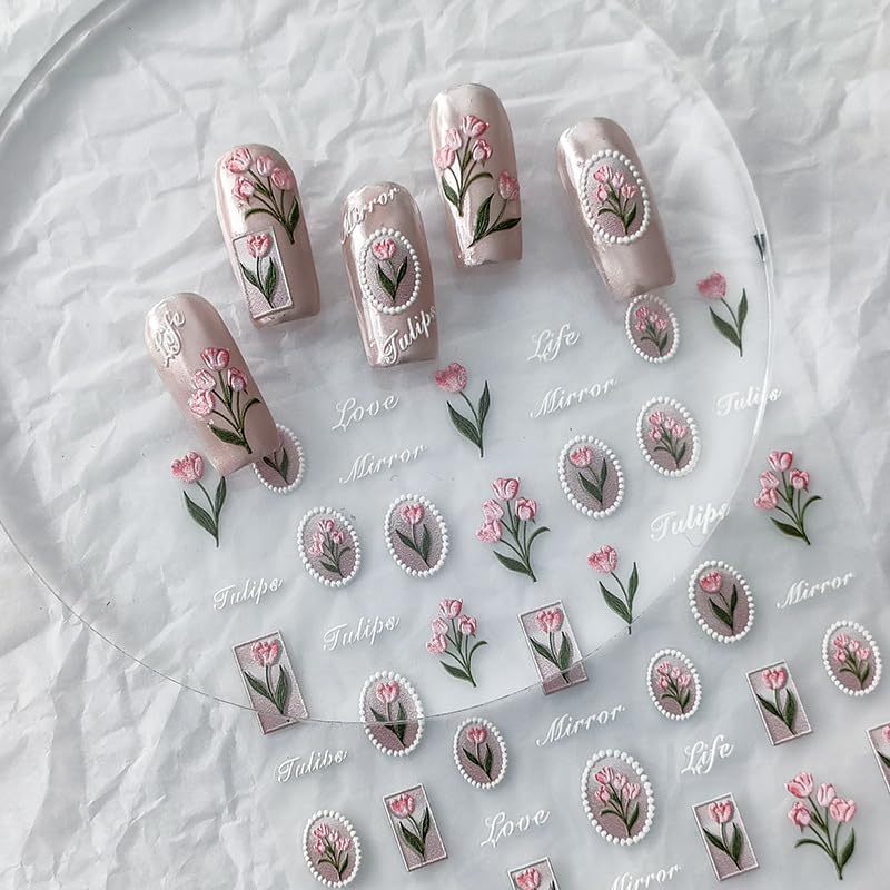 Flower Nail Stickers 5D Embossed Nail Art Stickers Decals Self-Adhesive Pink Tulips Floral Nail Supplies Spring Nail Art Design Decoration Accessories