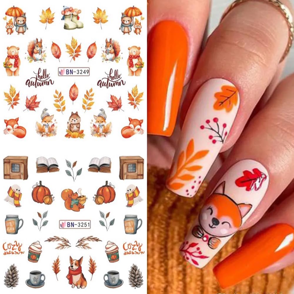 Maple Leaf Nail Art Stickers Decals Fall Thanksgiving Water Transfer Nail Foils Slider Stickers for Autumn Nail Art Accessories Cute Pumpkin Squirrel Leaf Flower Acrylic Nail Decals for Women Manicure