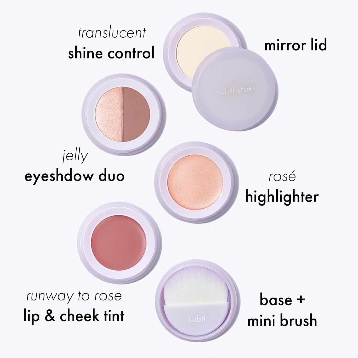 Subtl Beauty 4-in-1 travel makeup kit by subtl staks | eyeshadow duo, shine control powder, cream highlighter, lip and cheek | includes mirror lid and mini brush | stackable makeup designed for travel