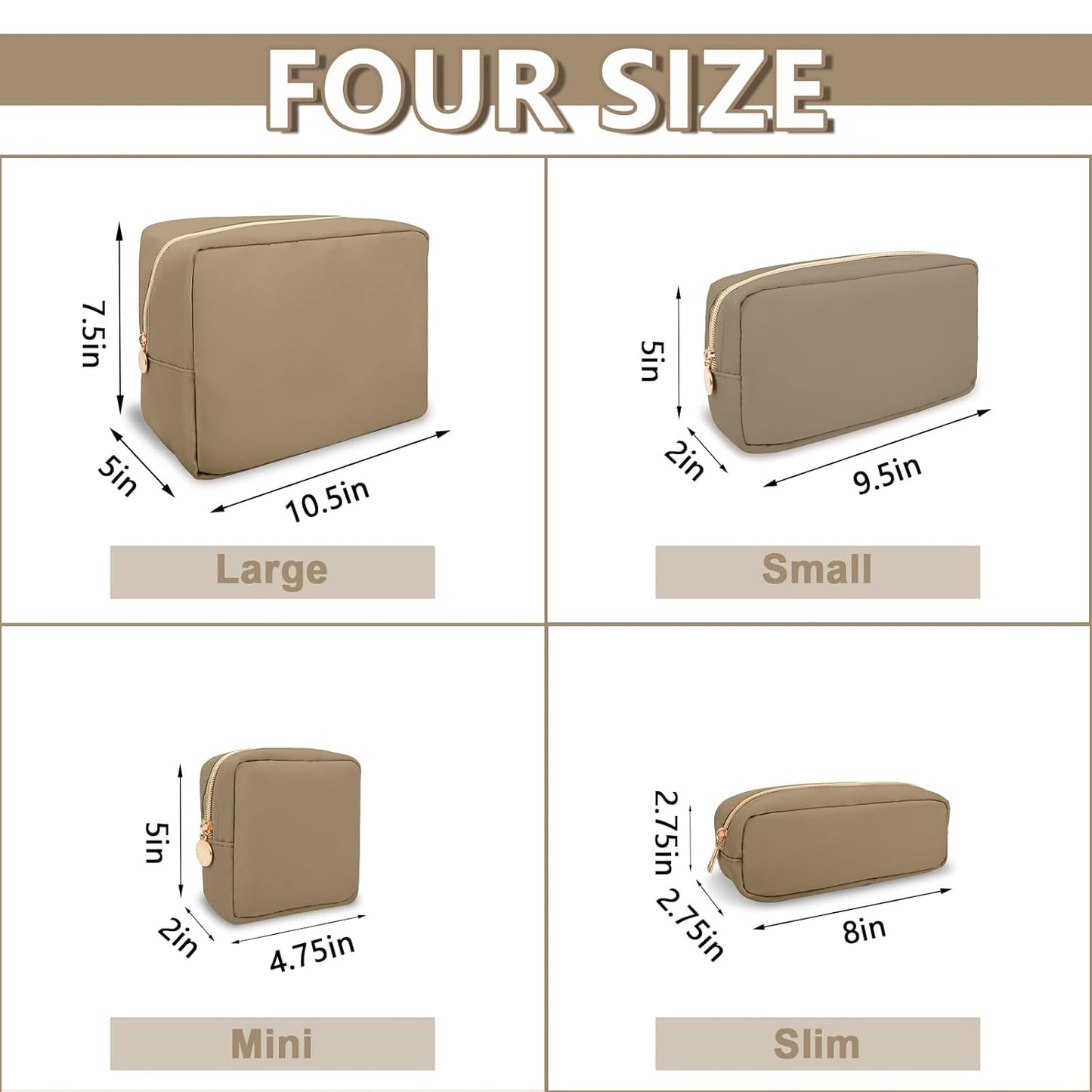 Small Makeup Bag Pouch for Purse, Nylon Travel Toiletry Storage Bag Cute Preppy Cosmetic Bag for Women Girls, Waterproof Makeup Organizer Bag Pouch Skincare Bag Purse with Zipper (Small-Khaki)