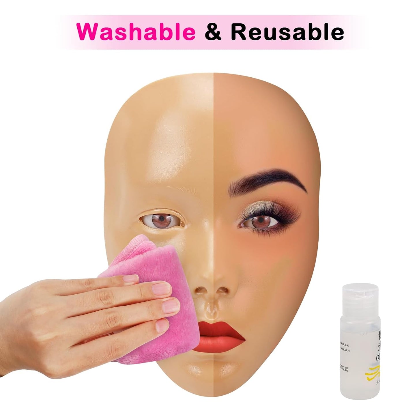 3D Makeup Practice Face Board,Reusable Silicone Makeup Practice Face/Makeup Mannequin Face,with Makeup Brushes Set&Dual head Eyebrow Pencils&a Pair of Eyelashes&a Makeup Bag&makeup remover towel