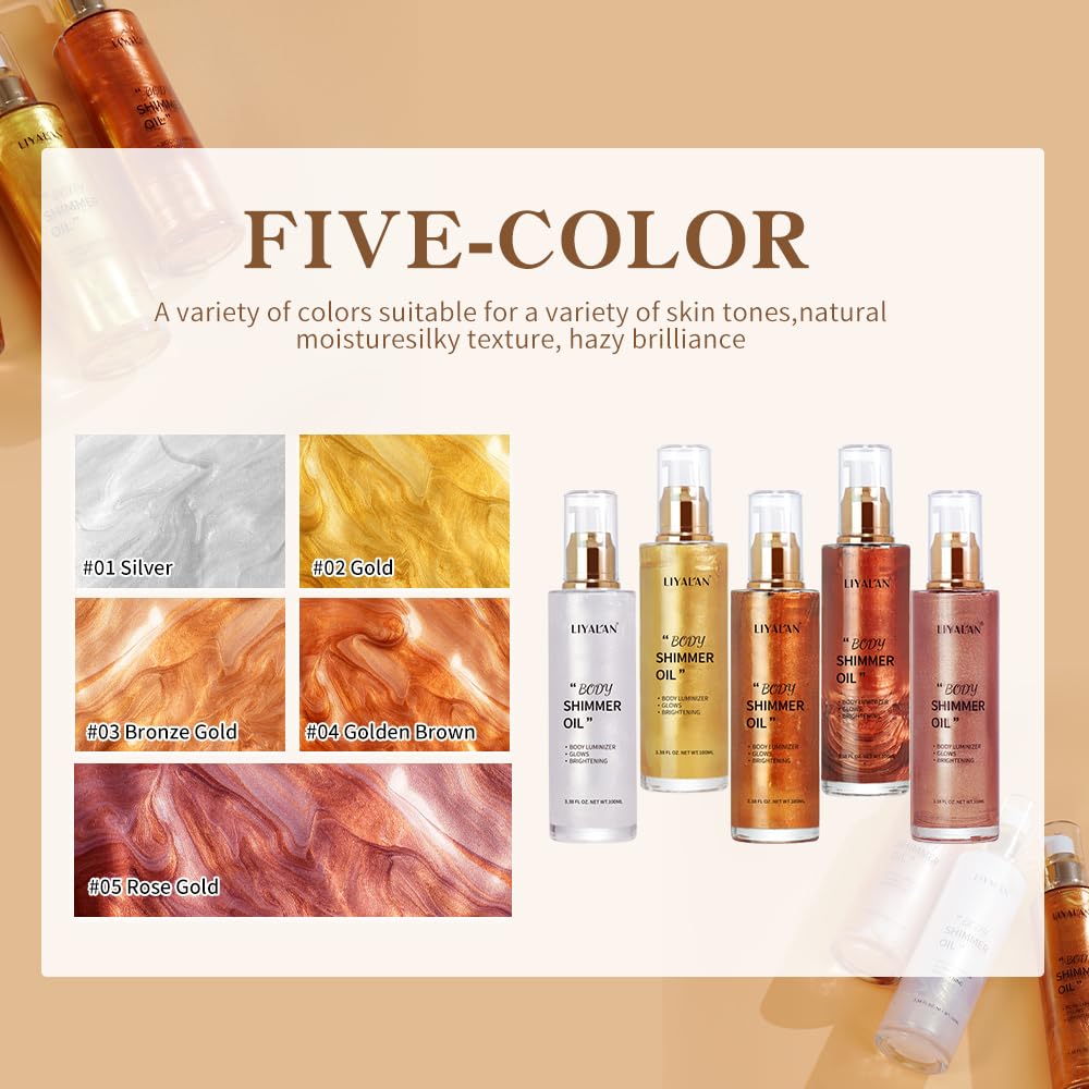 Liyalan Shimmer Body Oil Golden Brown 5 Color Bronze Face Glow Pearl Highlighter Illuminator Body Makeup Shine Glitter Gold Liquid Taning(3.38 Fl Oz/#04)