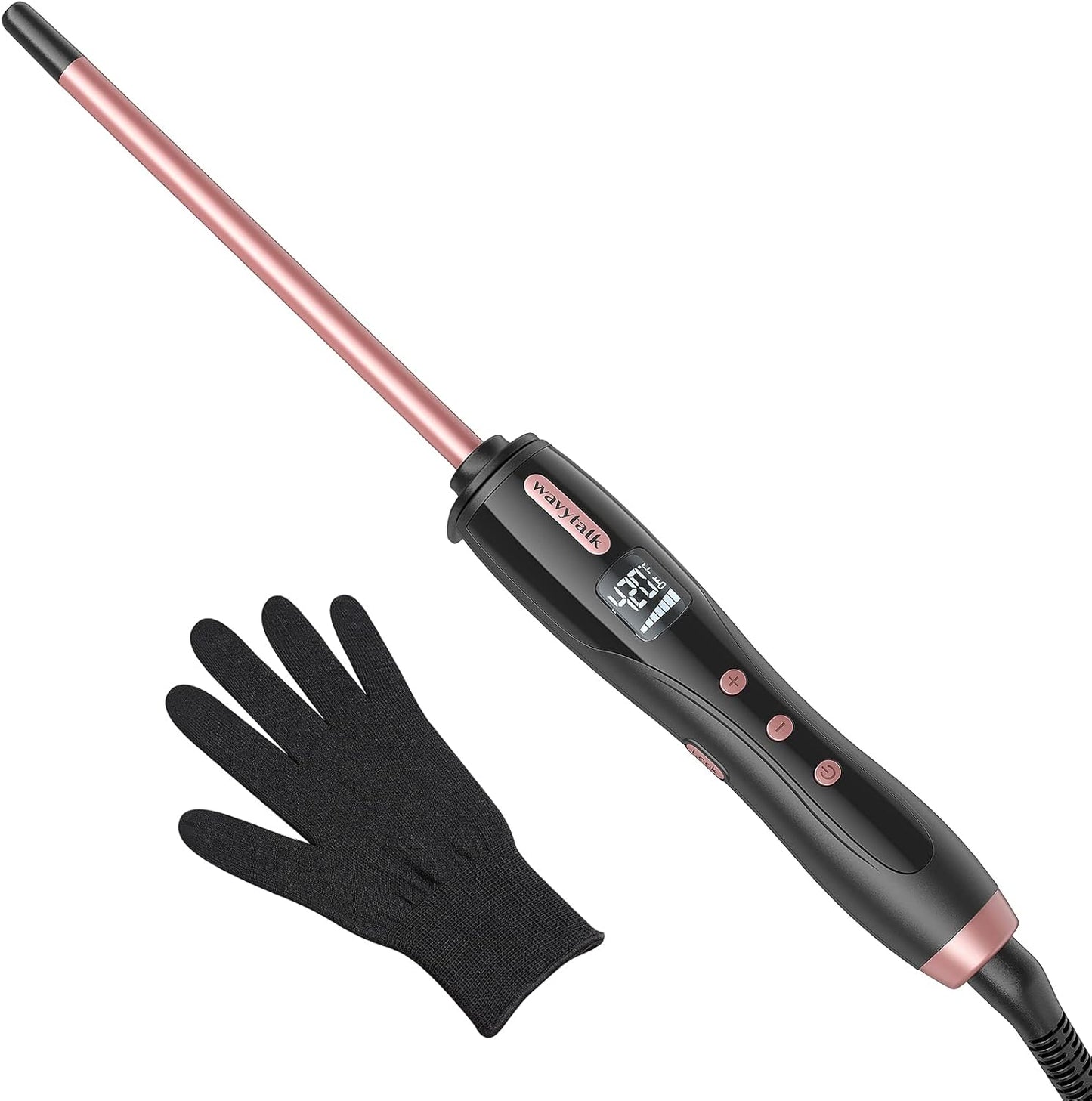 Wavytalk 3/8 Inch Small Curling Iron Wand for Short & Long Hair, Ceramic Barrel with Adjustable Temperature, Heat Resistant Glove Included (Rose Pink)