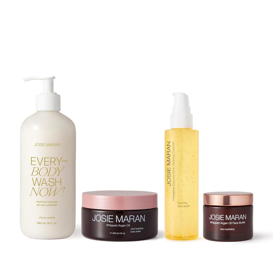Josie Maran Cali Glow Collection Body & Skincare Set - Includes EveryBODY Wash Now! Moisture Mousse Cleanser, Whipped Argan Oil Face & Body Butter & Pineapple Enzyme Pore Clearing Cleanser (4 Count)