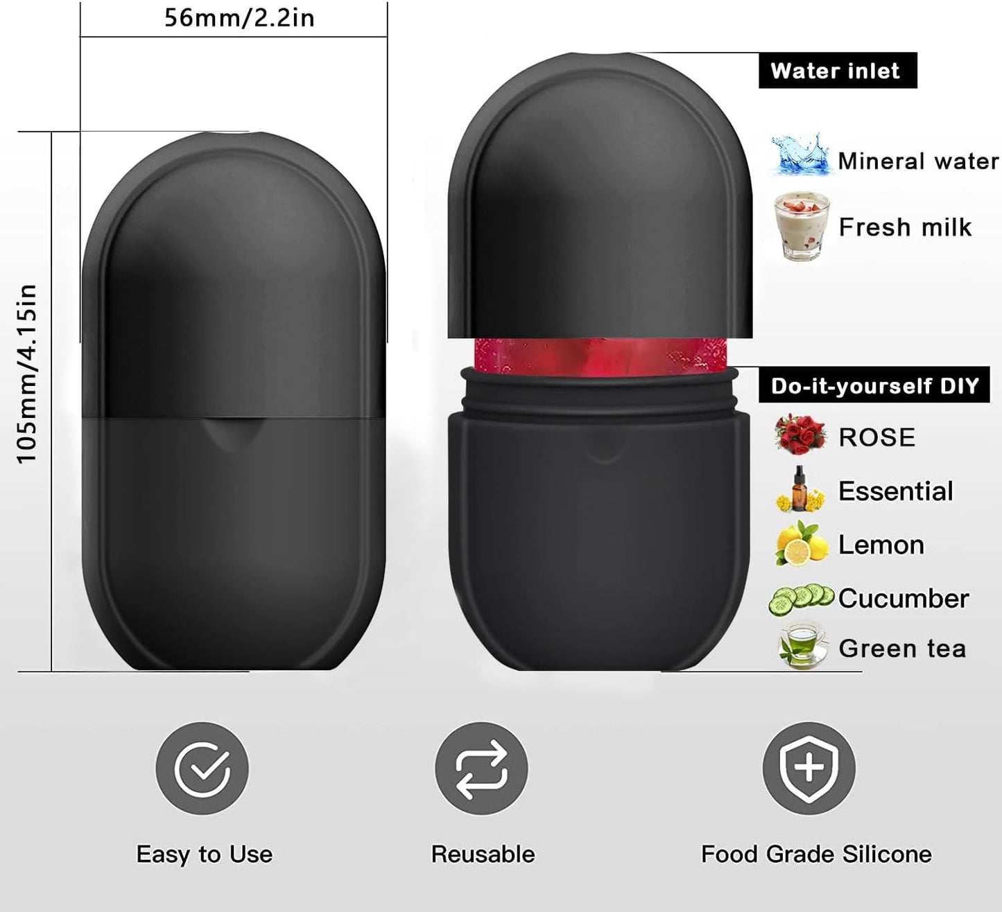 KOGITI Face Ice Roller & Mold - Beauty Facial Massage Tool for Puffiness Relief, Ice Cube Holder (New-Black)