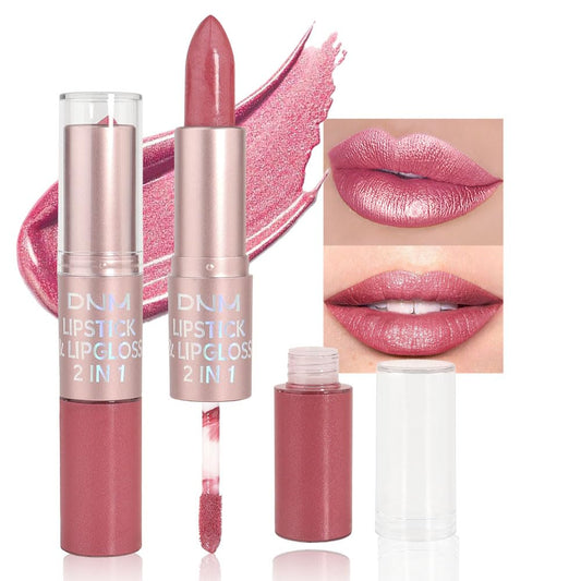 evpct 2 in 1 Natural Nude Pink Glitter Metallic Shimmer Diamond Lipstick and Lip Gloss Set for Women Long Lasting Waterproof, Warm Rose Pink Sparkle Glitter Shiny Lipstick and Lip Liner Makeup Set, 05