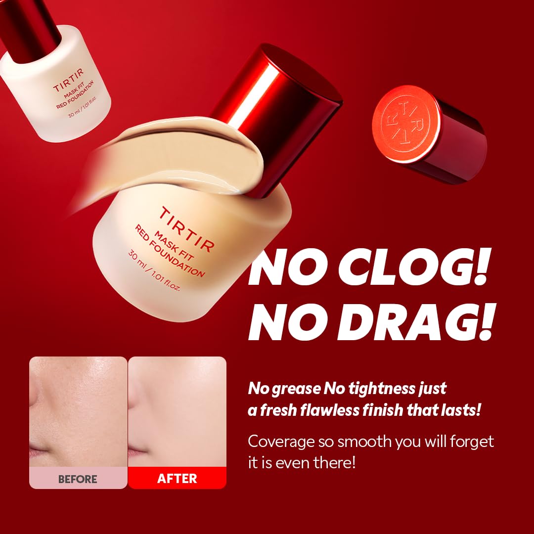 TIRTIR Mask Fit Red FoundationㅣLong Lasting Flawless Coverage, Energy Essence, Lightweight, Hydrating, Pore-Blurring, Breathable Satin Finish, Makeup, Radiant Skin, #33N Macchiato, 1.01 Fl Oz
