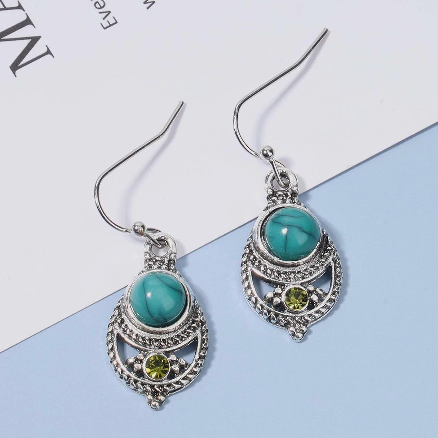 Boho Ethnic Turquoise Drop Earrings Silver Teardrop Turquoise Earrings Gemstone Hook Earrings Retro Drop Dangle Earrings Jewelry for Women and Girls