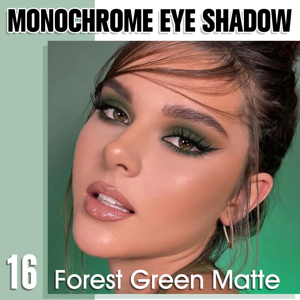 Forest Green Matte Eyeshadow Palette for Women, Single Monochrome Eye Shadow Makeup, Shiny Pressed Powder, Blendable Natural sombras para ojos, Holographic,Vegan,Travel -16