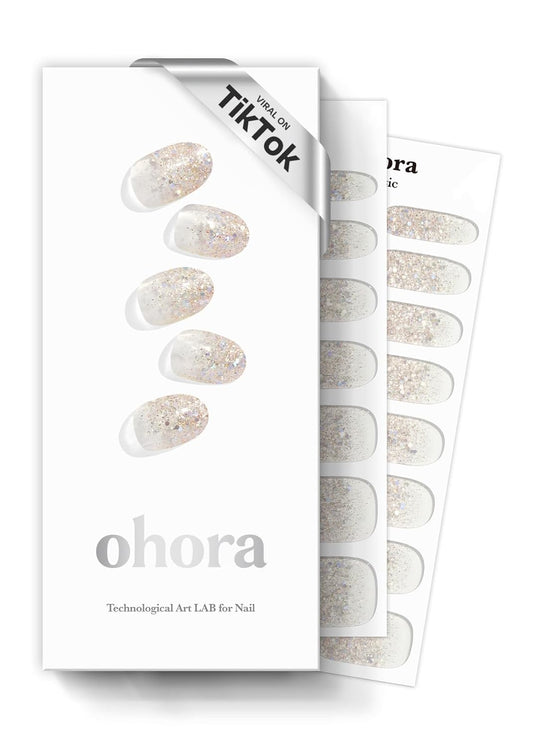 ohora Semi Cured Gel Nail Strips (N Sparkle Glam) - Nude, Glitter, Works with Any UV/LED Lamps, Salon-Quality, Long Lasting, Easy to Apply & Remove - Includes 2 Prep Pads, Nail File & Wooden Stick