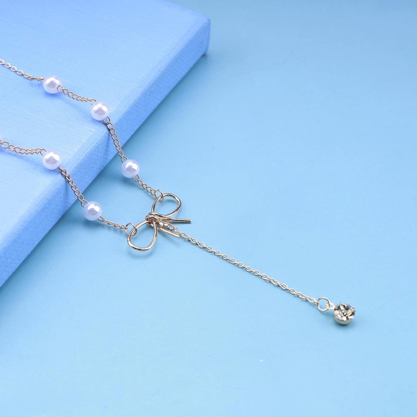 Bohemia Crystal Y Lariat Necklace Chain Pearl Beaded Choker Necklace Bow Knot Necklace Choker Gold Rhinestone Y Drop Necklace Chain Jewelry for Women and Girls