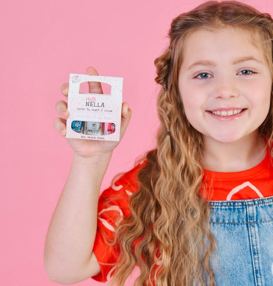 MISS NELLA PARTY COLLECTION 3-3 peel off, odour free, water base glitter nail polishes Pack- Blue The Candles (blue), Confetti Clouds (clear) & Marshmallow Overloud (coral)