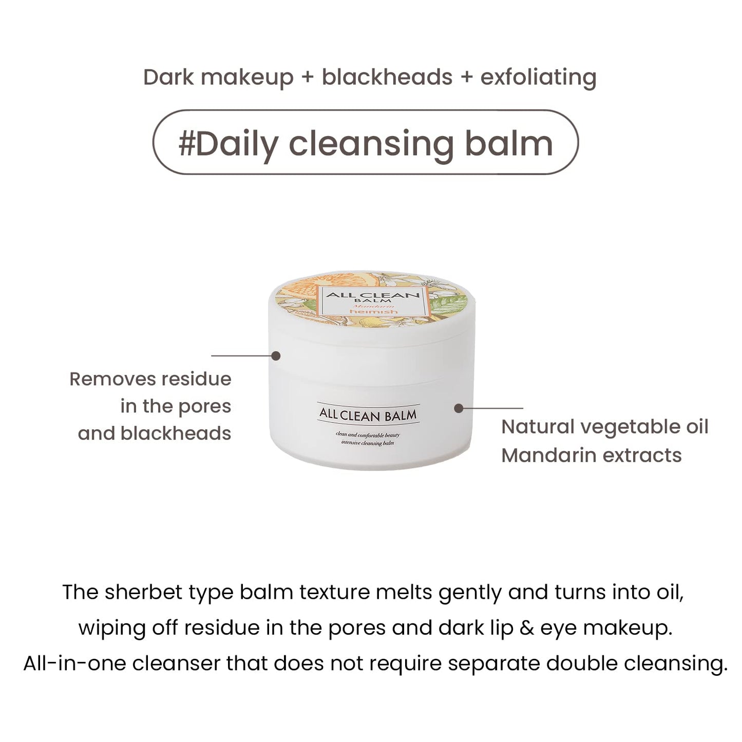 HEIMISH All Clean Balm Mandarin 4.0fl.oz/120ml - Cleansing Balm, Waterproof Makeup Remover, Face Cleanser, Oil Based Cleanser, Korean Skincare with Natural Aroma Oil, Vegan, For All Skin Types